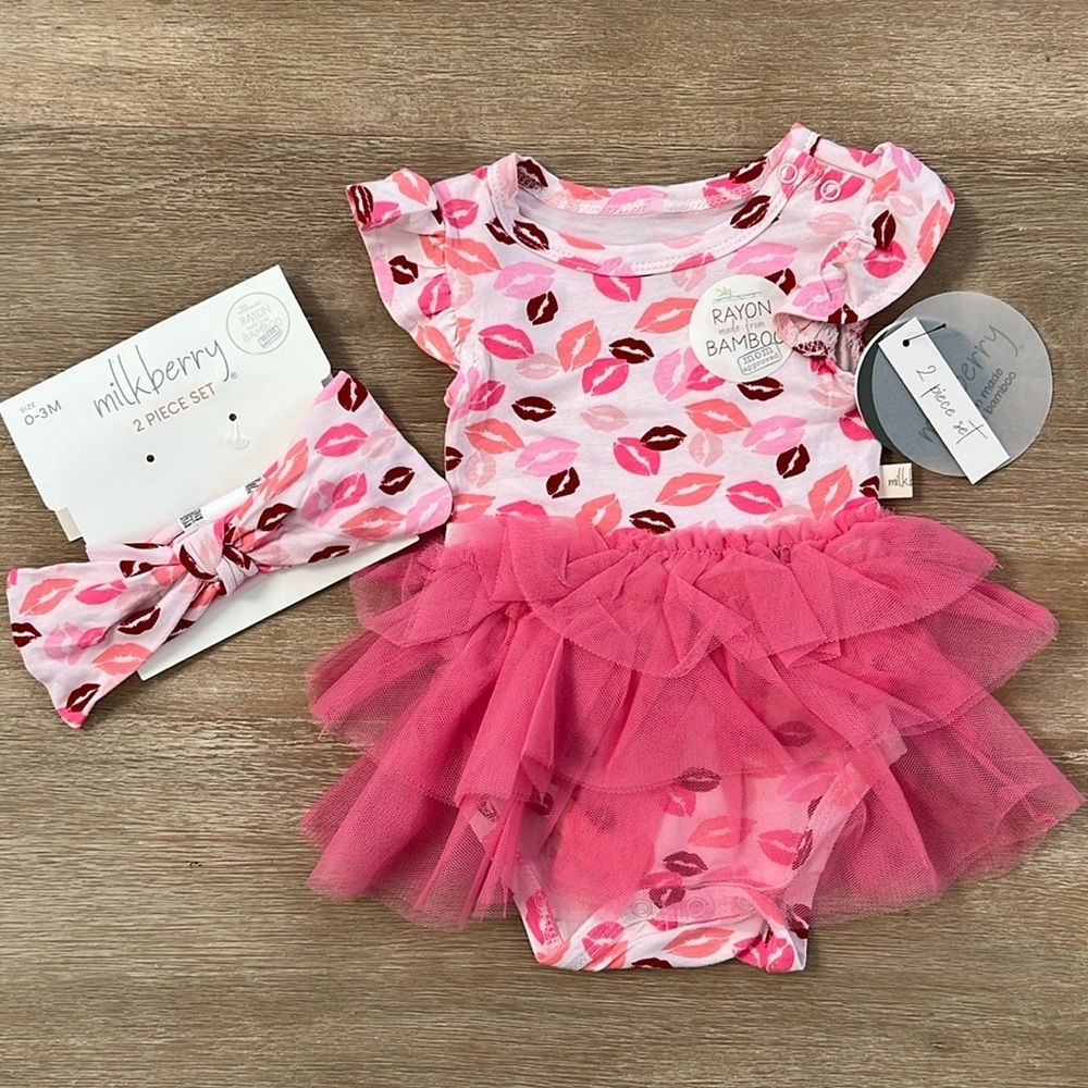❤️ Milkberry Baby Girl Bamboo Bodysuit Tulle Tutu Dress Headband 0-3 6-9 months
